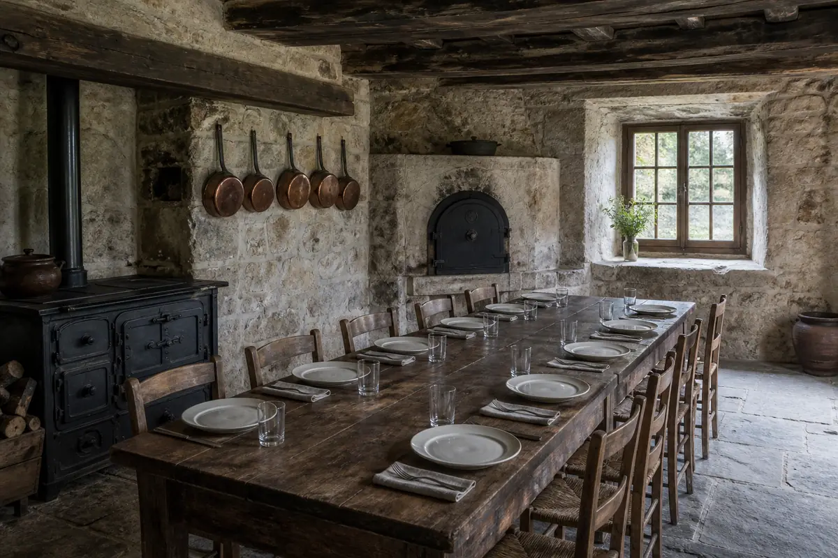La cocina de leña, con el fogón de hierro, el horno de piedra y la mesa puesta para diez
