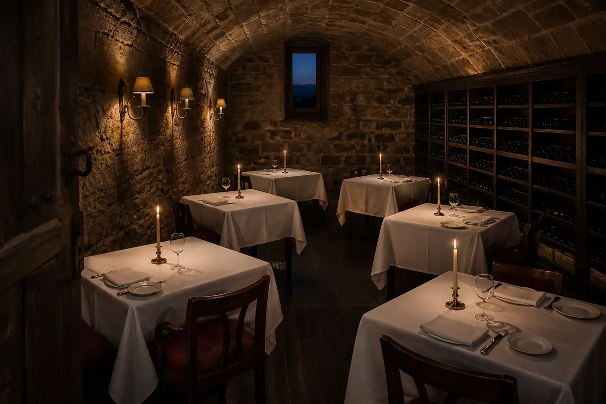 El comedor abovedado, con las mesas vestidas de blanco, velas y el botellero al fondo
