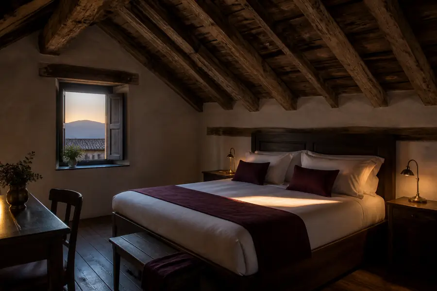 Habitación bajo cubierta, con las vigas de roble y la ventana al atardecer