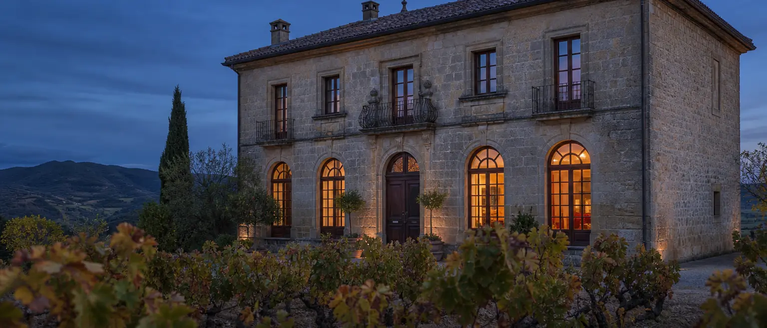 La fachada de la casona iluminada al anochecer, entre viñedos